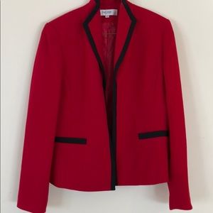 Red suit jacket with black trim